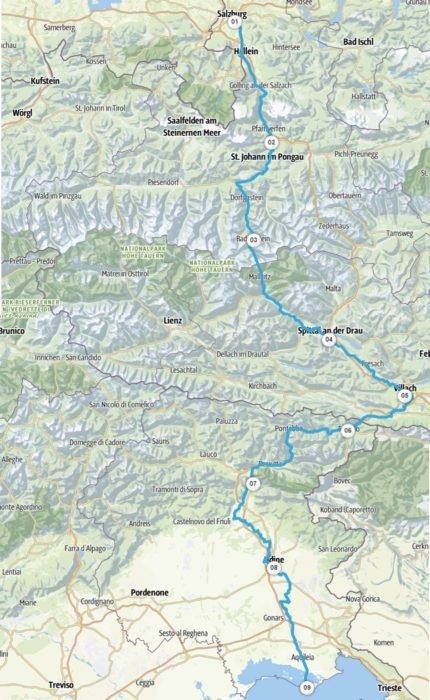 Il percorso della “Ciclovia AlpeAdria Radweg” da Salisburgo a Grado